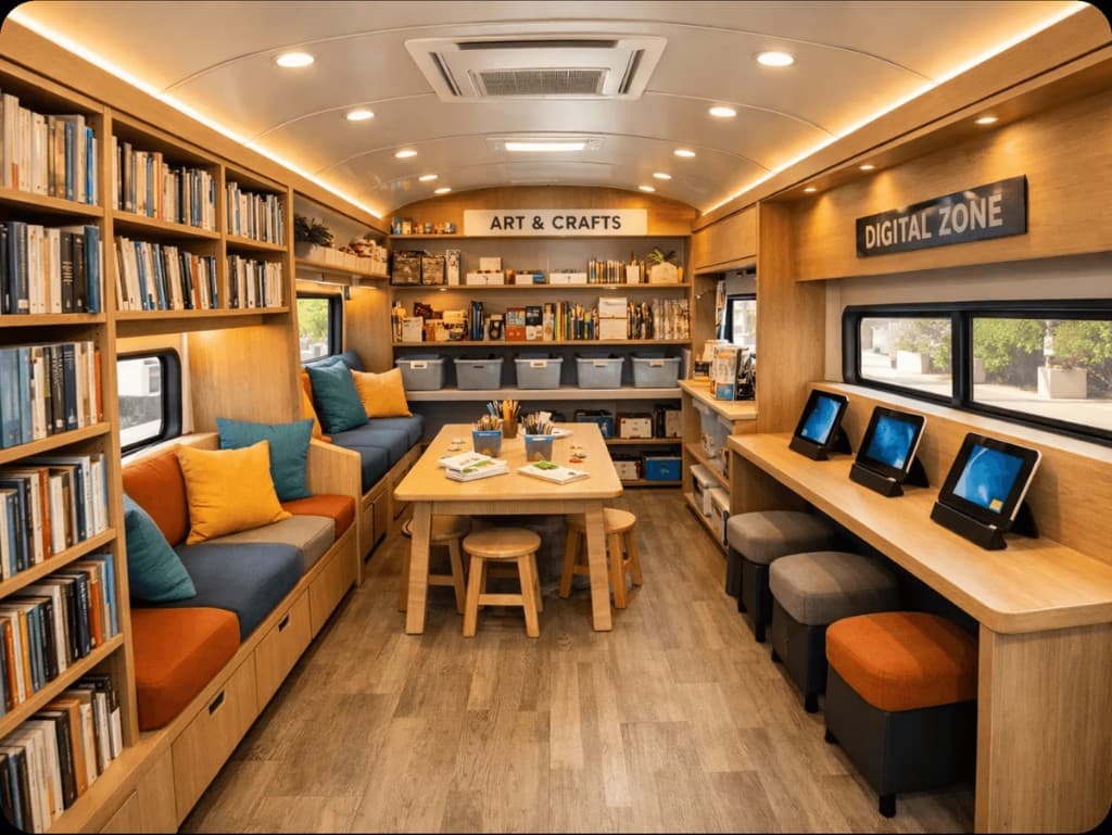 Inside the mobile library showing the arts and crafts area and digital zone