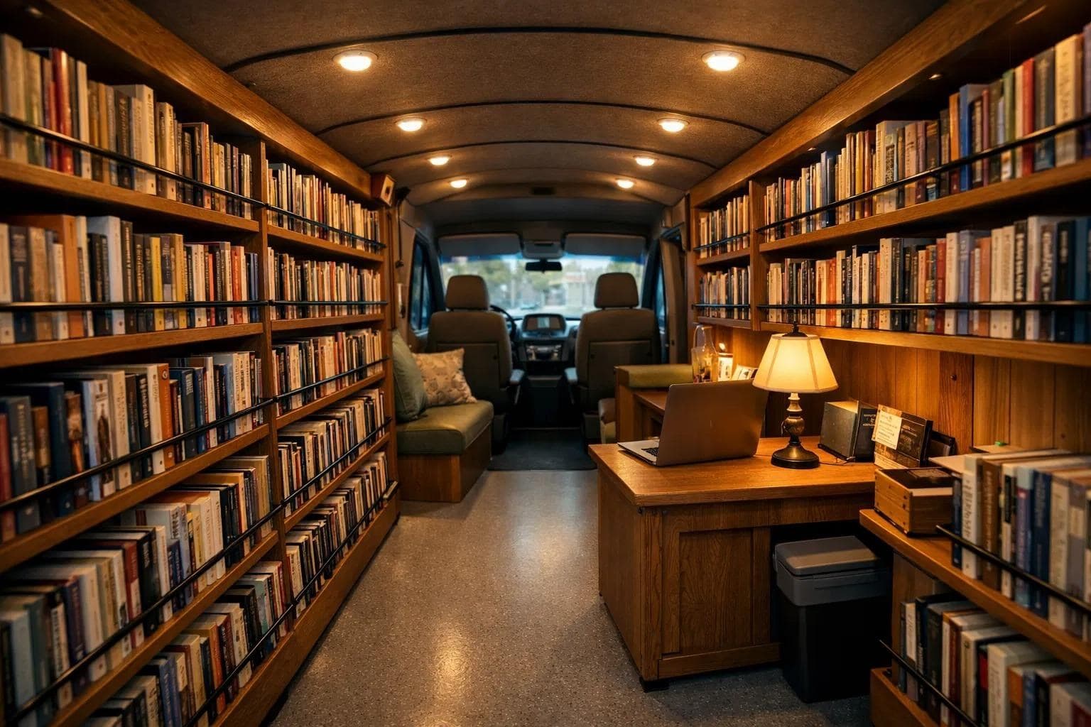 Warm interior of the mobile library bus with full bookshelves